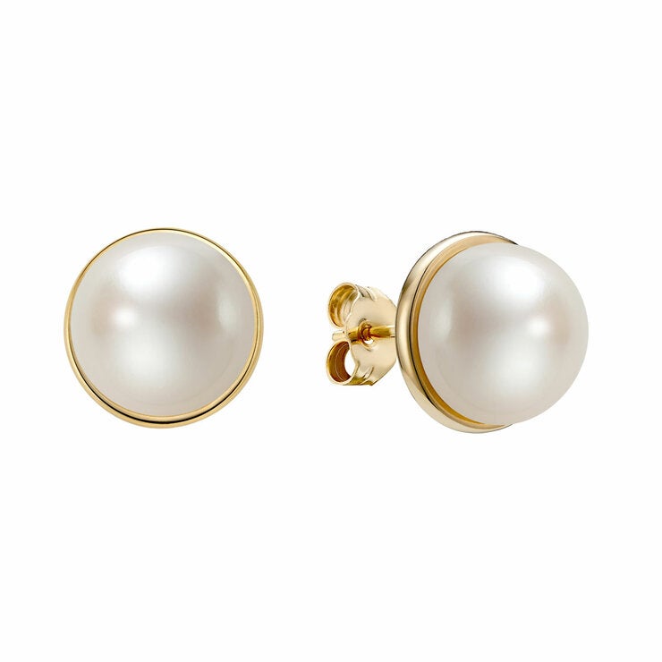 10-10.5mm Cultured Freshwater Pearl Bezel Earrings 14ct Yellow Gold
