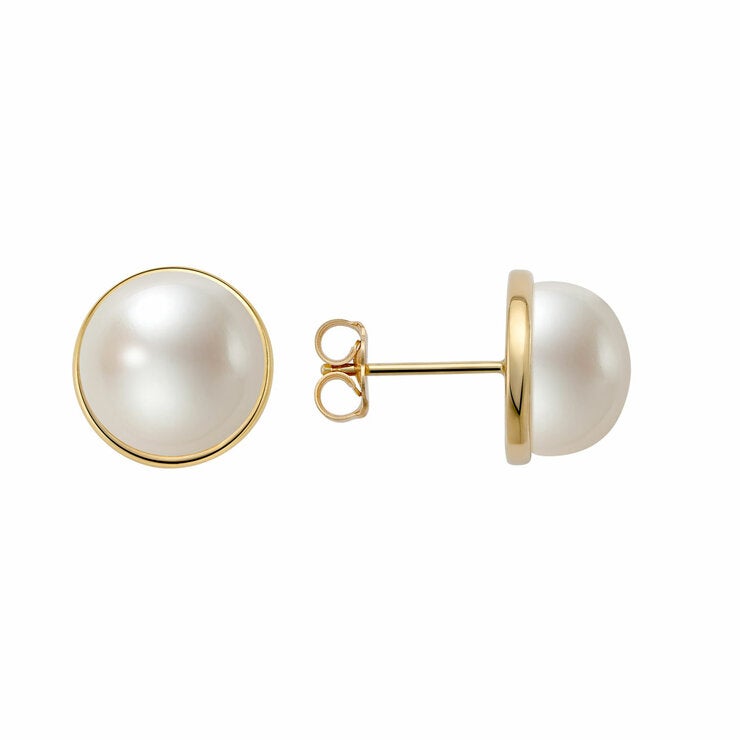 10-10.5mm Cultured Freshwater Pearl Bezel Earrings 14ct Yellow Gold
