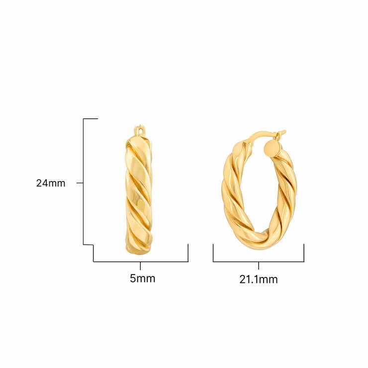 14ct Yellow Gold Twist Oval Hoop Earrings