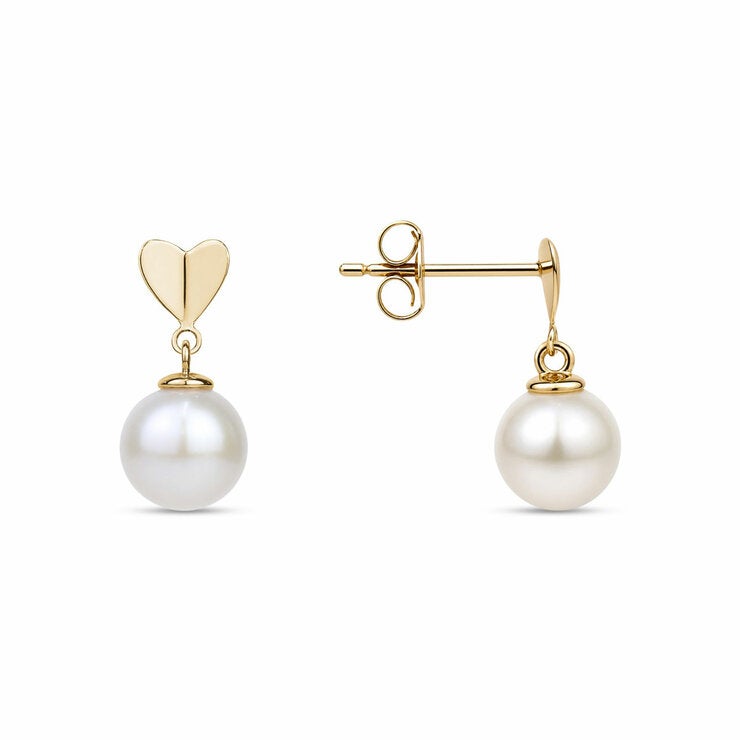 10.5-11mm Cultured Freshwater White Pearl Heart Drop Earrings 14ct Yellow Gold