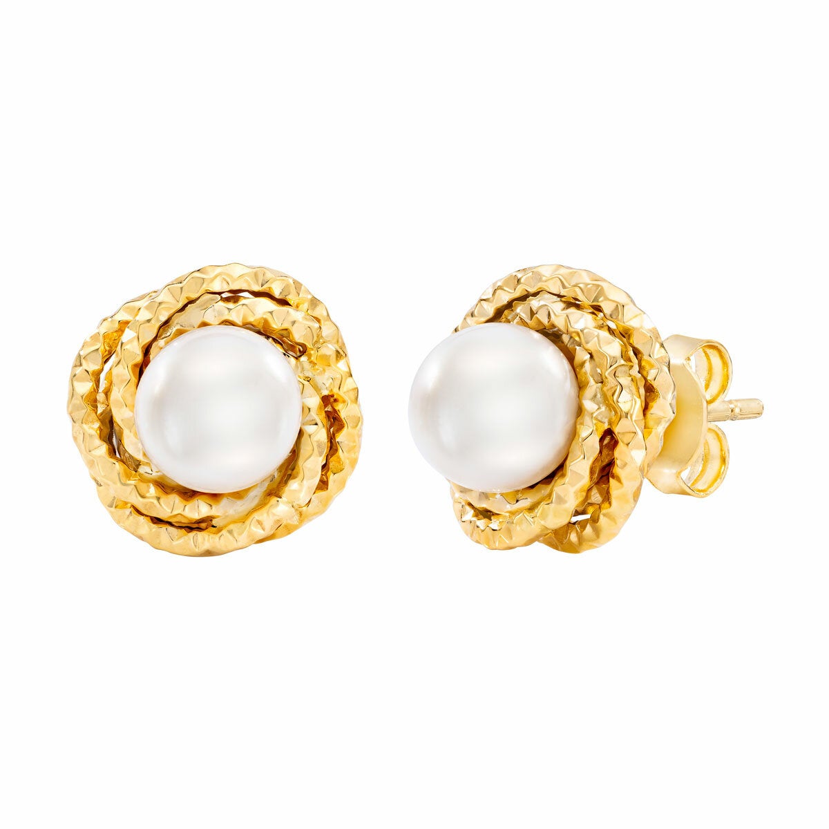 7-7.5mm Cultured Freshwater White Pearl Love Knot Earrings 14ct Yellow Gold
