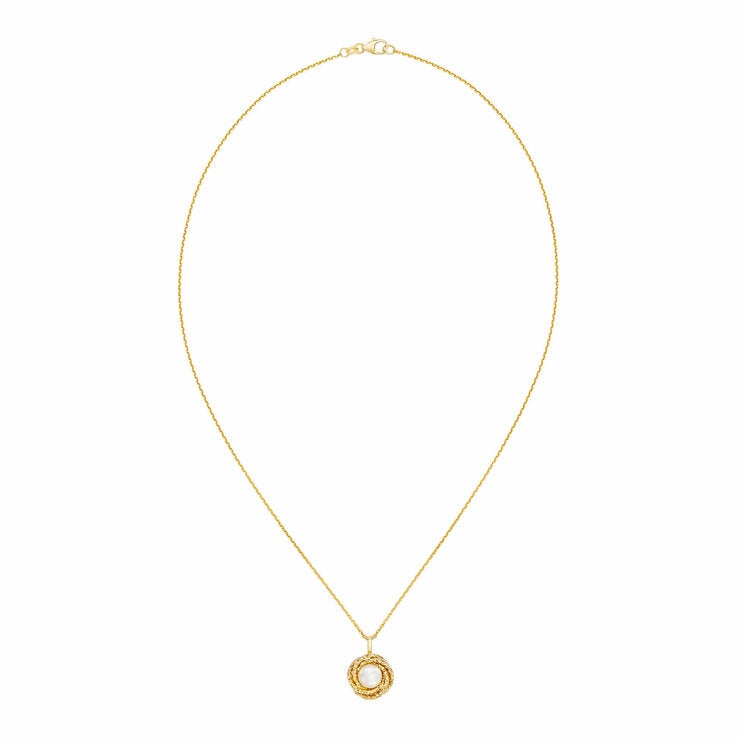 7-7.5mm Cultured Freshwater White Pearl Love Knot Pendant 14ct Yellow Gold