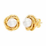 7-7.5mm Cultured Freshwater White Pearl Love Knot Earrings 14ct Yellow Gold