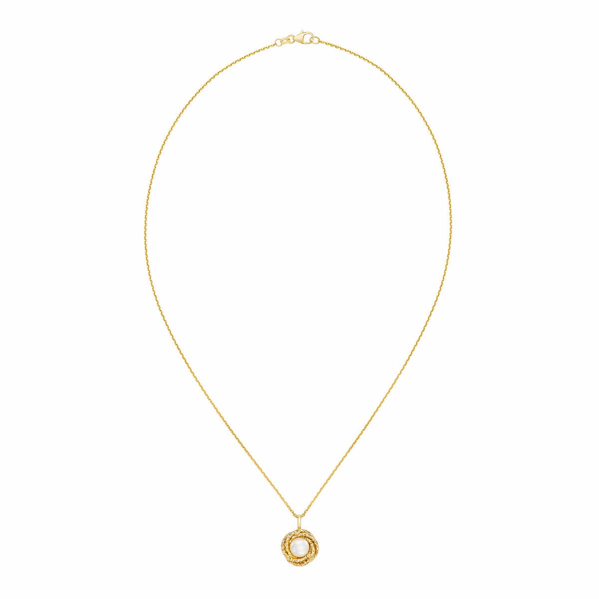 7-7.5mm Cultured Freshwater White Pearl Love Knot Pendant 14ct Yellow Gold
