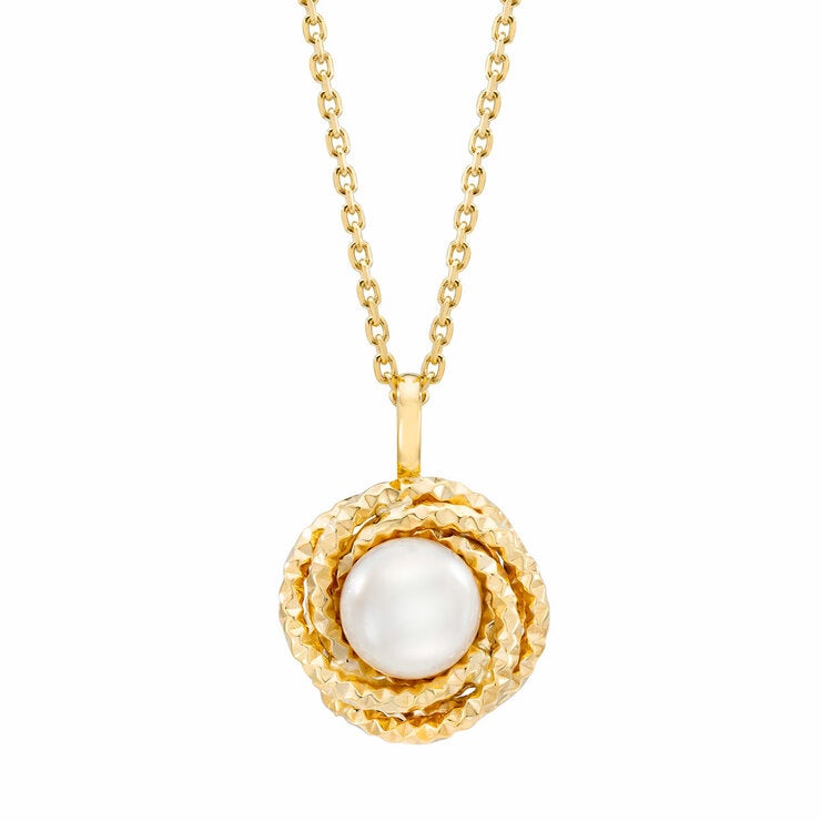 7-7.5mm Cultured Freshwater White Pearl Love Knot Pendant 14ct Yellow Gold