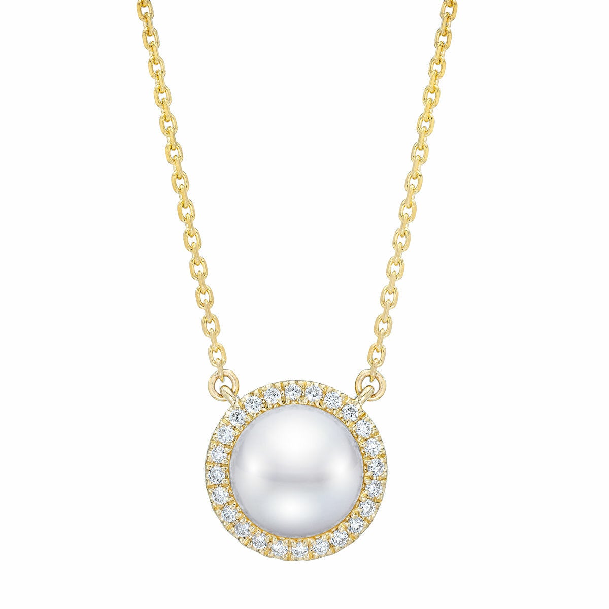 8-9mm Cultured Freshwater White Button Pearl & 0.16ctw Diamond Halo Pendant 14ct Yellow Gold