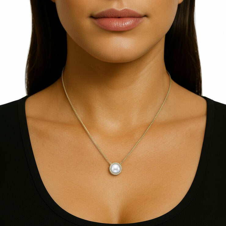 8-9mm Cultured Freshwater White Button Pearl & 0.16ctw Diamond Halo Pendant 14ct Yellow Gold