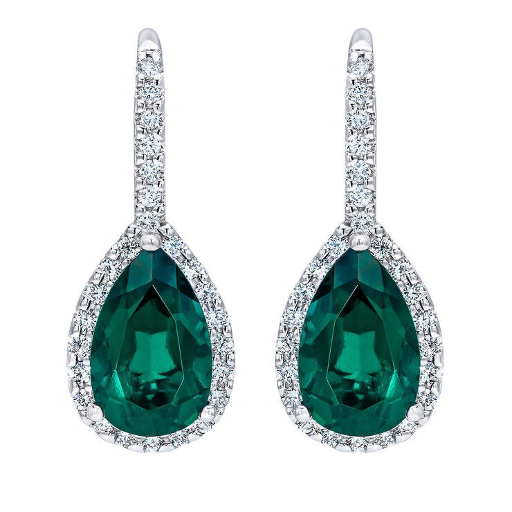 Pear Cut Lab Created Emerald & 0.50ctw Diamond Earrings 14ct White Gold
