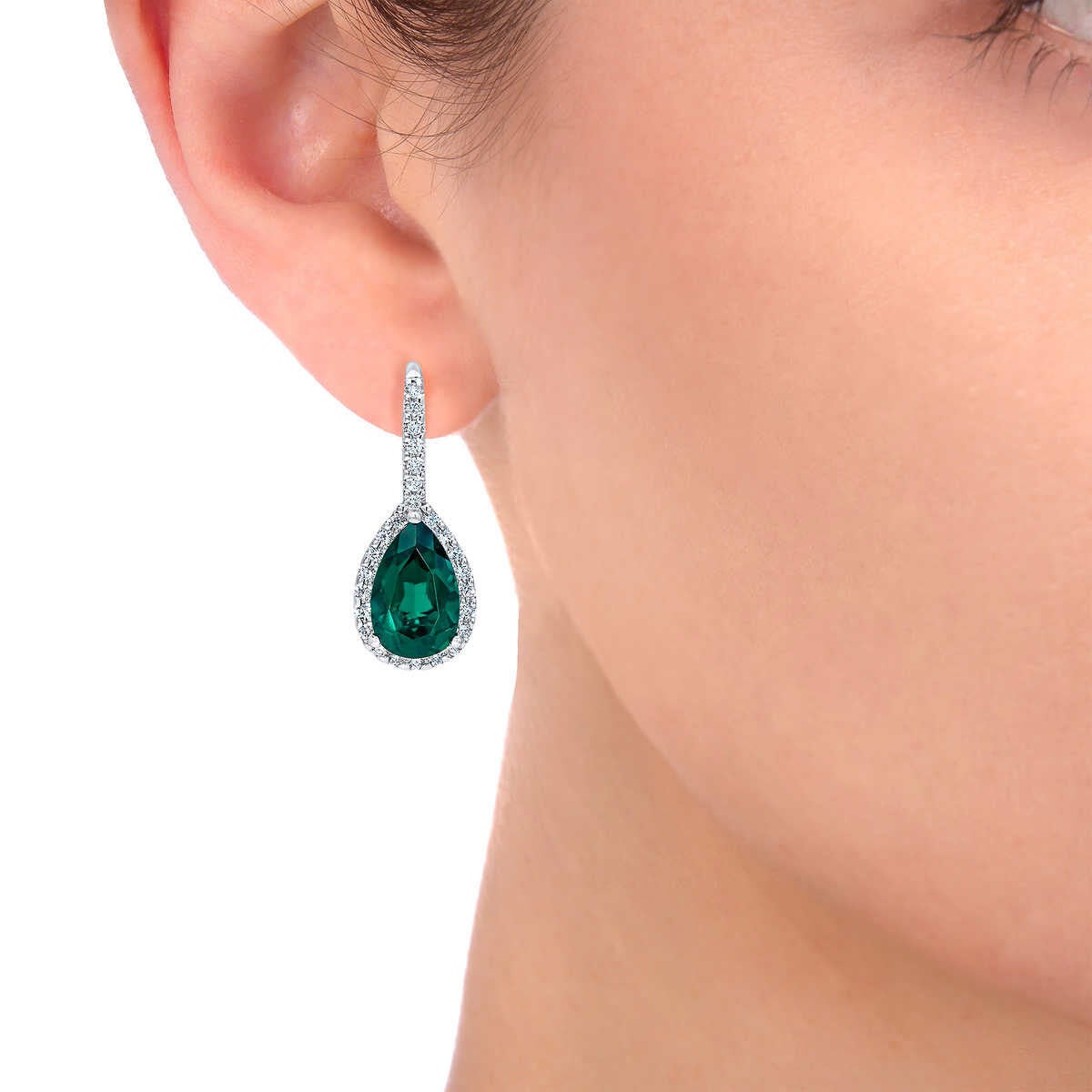 Pear Cut Lab Created Emerald & 0.50ctw Diamond Earrings 14ct White Gold