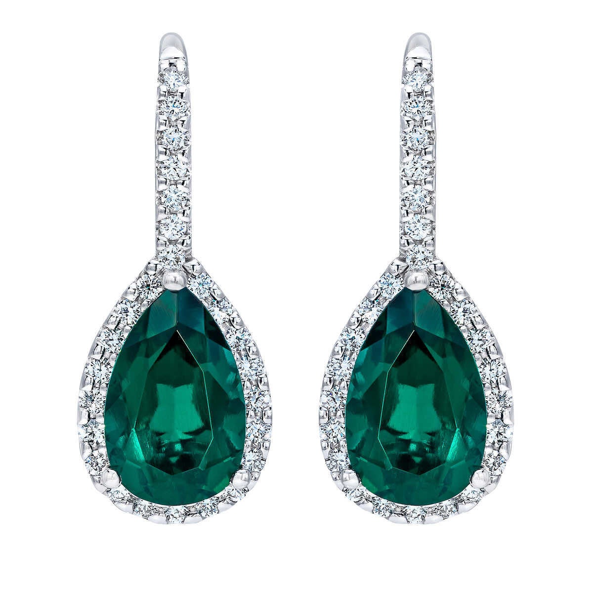 Pear Cut Lab Created Emerald & 0.50ctw Diamond Earrings 14ct White Gold