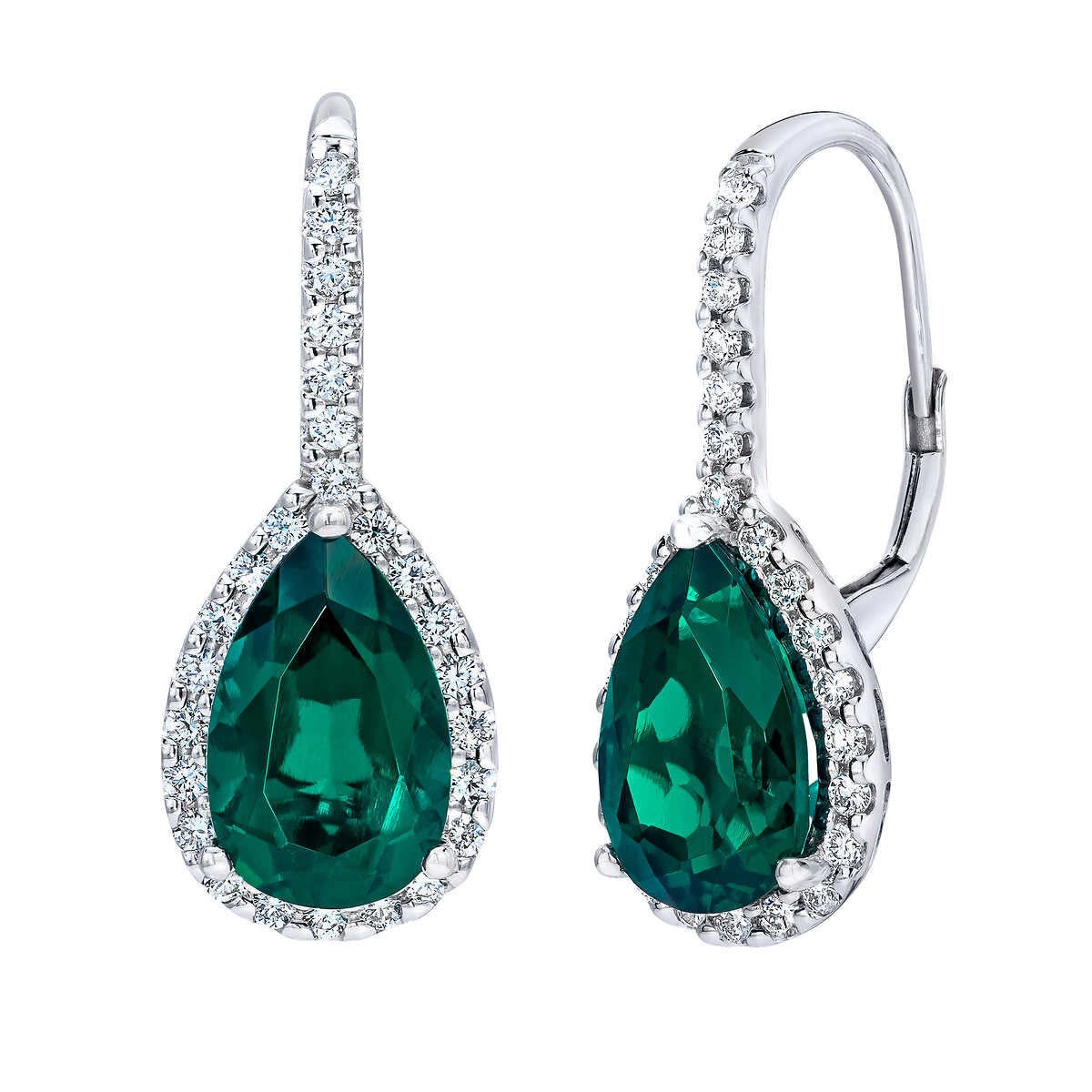 Pear Cut Lab Created Emerald & 0.50ctw Diamond Earrings 14ct White Gold