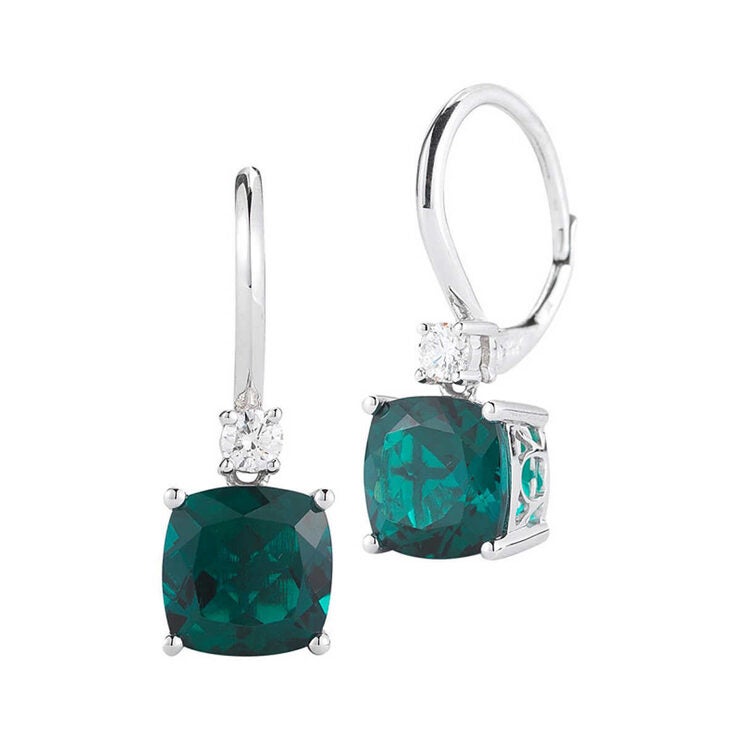 Cushion Cut Lab Emerald & 0.16ctw Diamond Earrings 14ct White Gold
