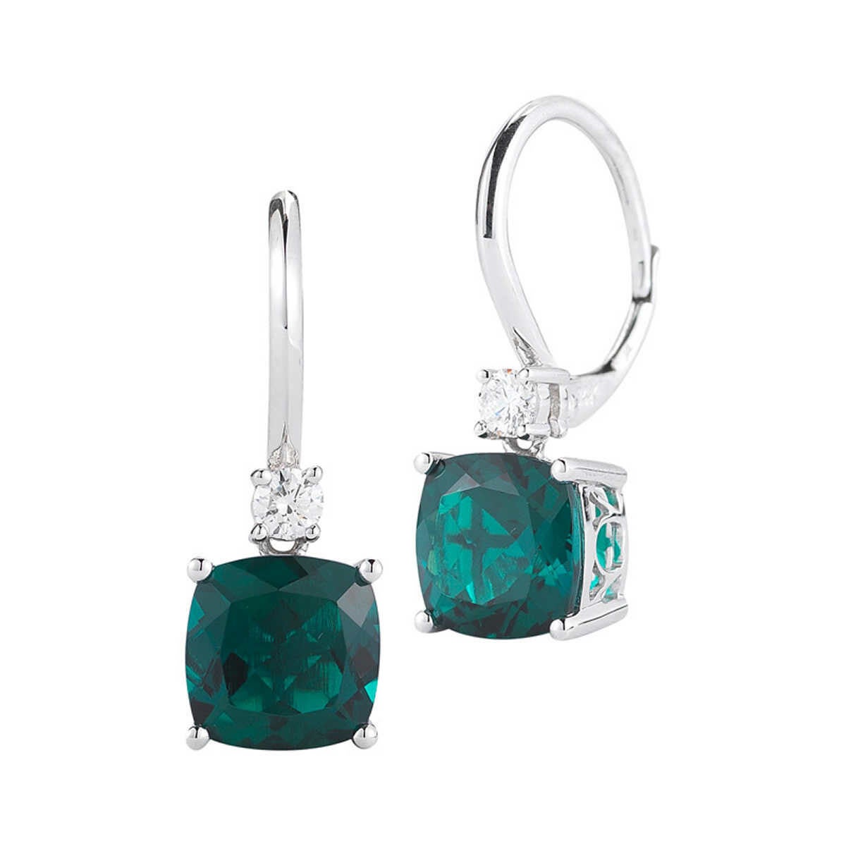Cushion Cut Lab Emerald & 0.16ctw Diamond Earrings 14ct White Gold