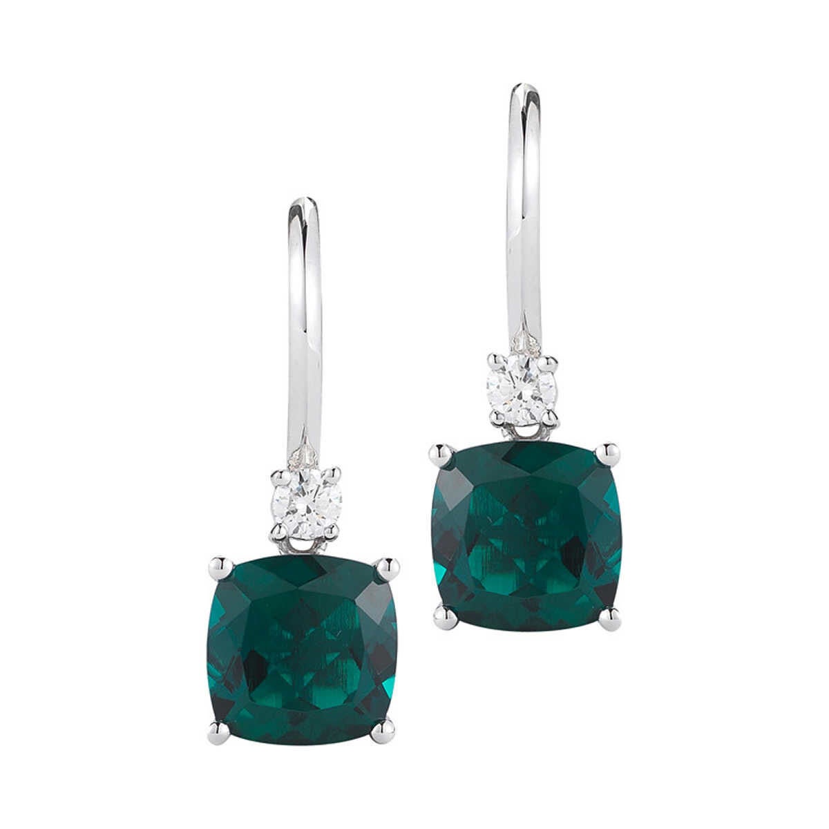 Cushion Cut Lab Emerald & 0.16ctw Diamond Earrings 14ct White Gold