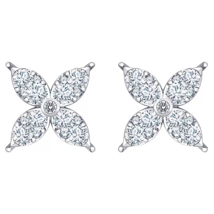 0.90ctw Round Brilliant Cut Diamond Flower Stud Earrings 14ct White Gold