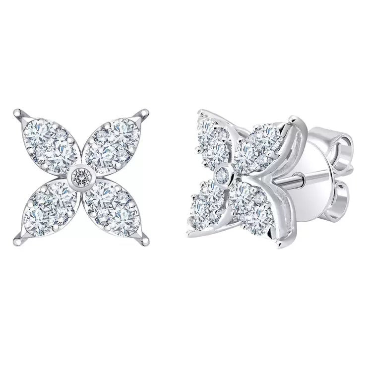 0.90ctw Round Brilliant Cut Diamond Flower Stud Earrings 14ct White Gold