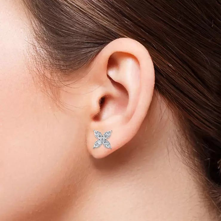 0.90ctw Round Brilliant Cut Diamond Flower Stud Earrings 14ct White Gold