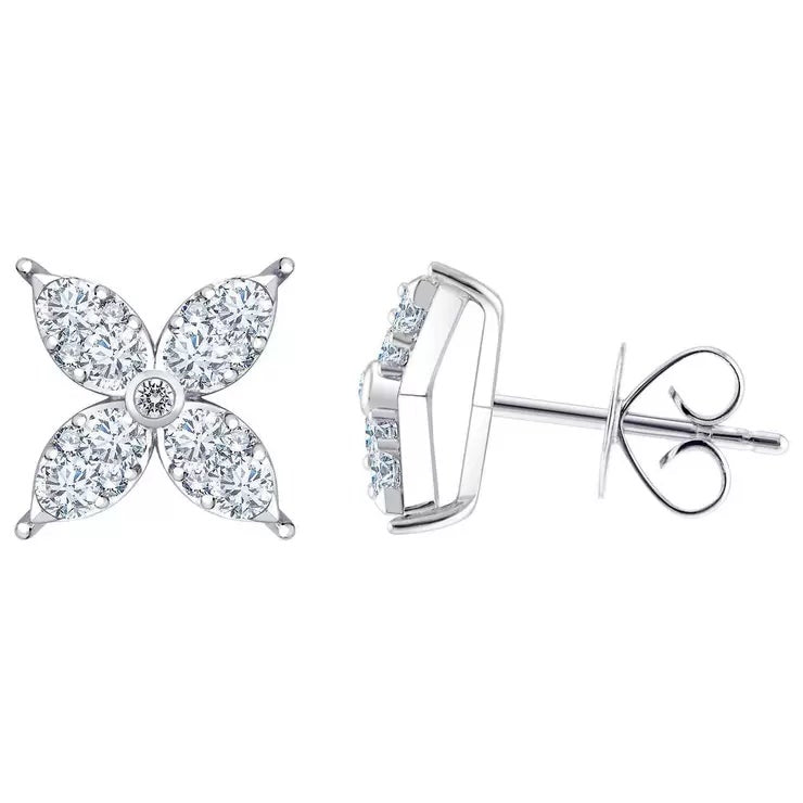 0.90ctw Round Brilliant Cut Diamond Flower Stud Earrings 14ct White Gold