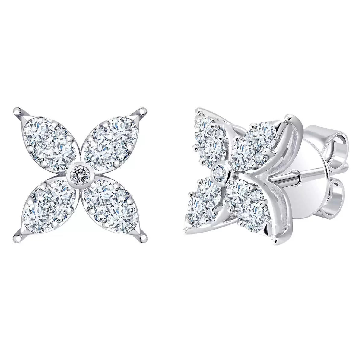 0.90ctw Round Brilliant Cut Diamond Flower Stud Earrings 14ct White Gold
