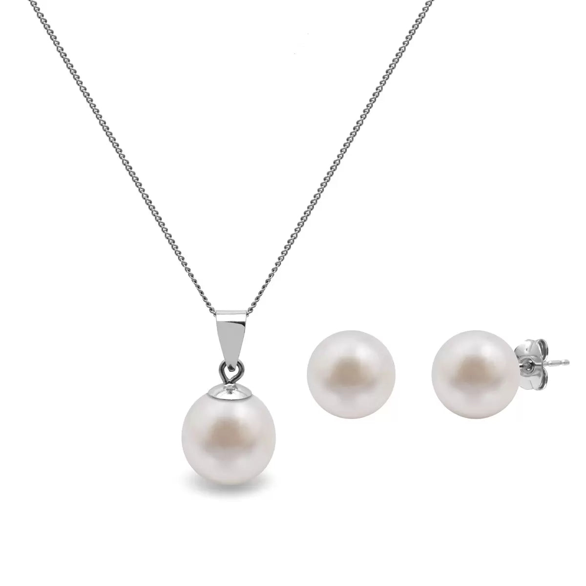 Cultured Freshwater 8.5-9mm White Pearl Pendant and Stud Earring Set, 18ct White Gold