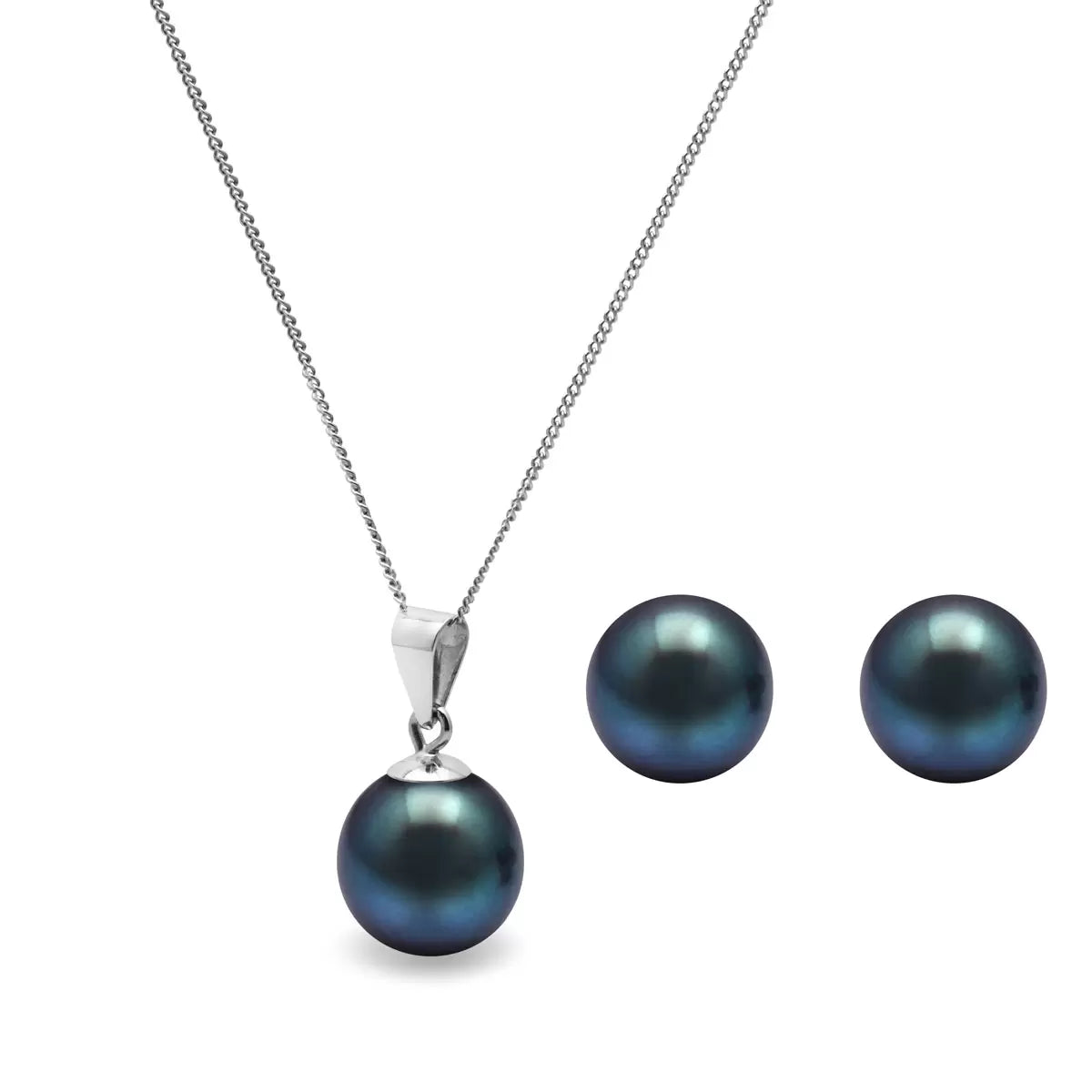 Cultured Freshwater 8.5-9mm Peacock Black Pearl Pendant and Stud Earring Set, 18ct White Gold