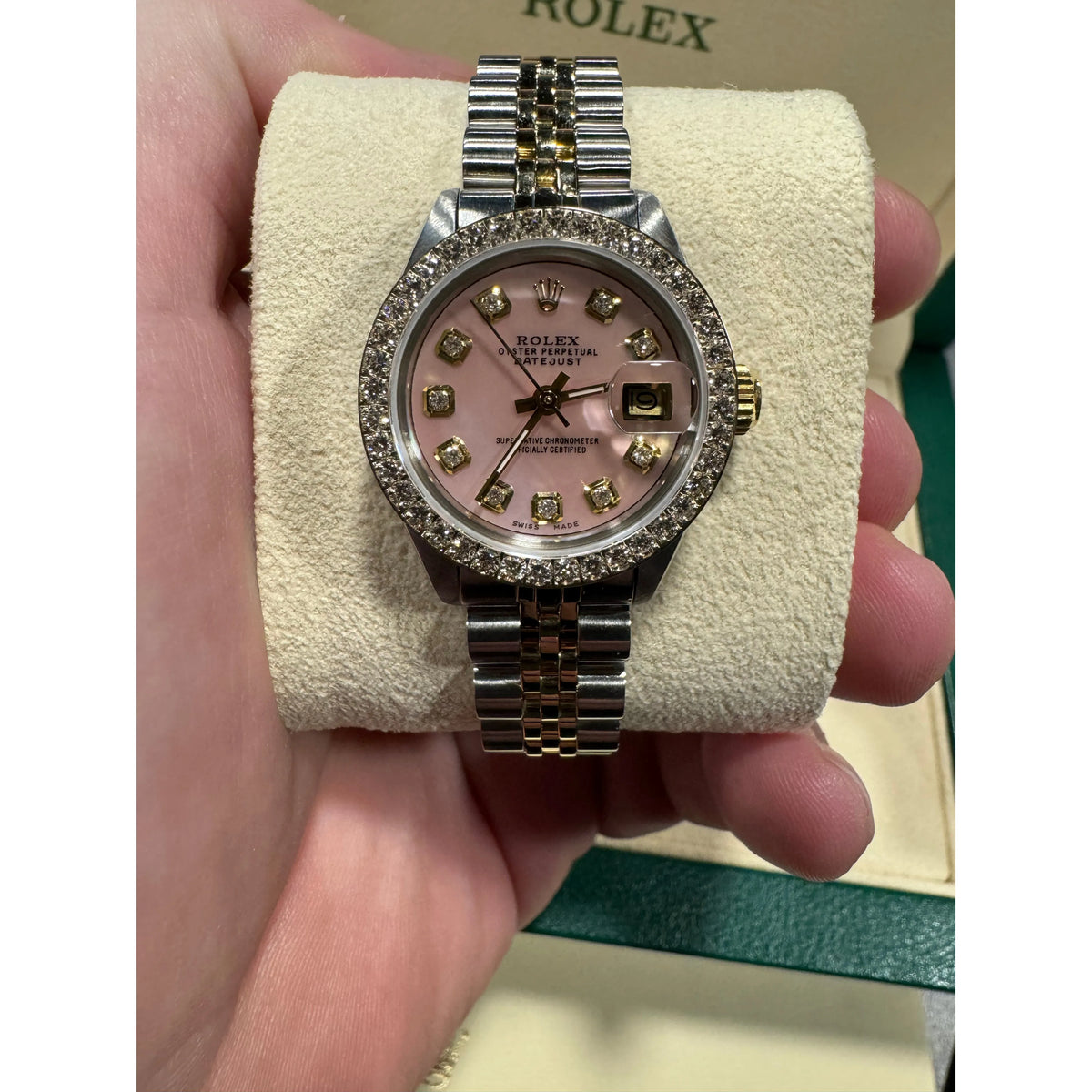 Rolex Datejust 26mm 6917 Deep Pink MOP Diamond Face & Diamond Bezel Bi Metal