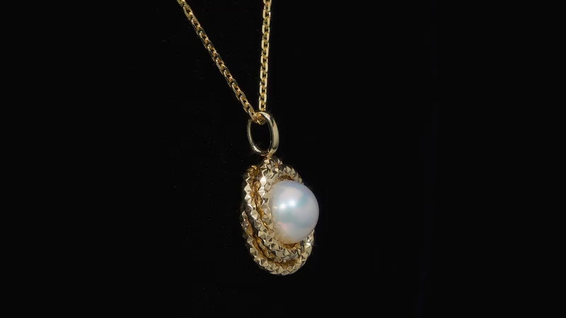 7-7.5mm Cultured Freshwater White Pearl Love Knot Pendant 14ct Yellow Gold