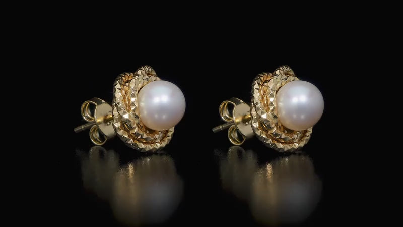 7-7.5mm Cultured Freshwater White Pearl Love Knot Earrings 14ct Yellow Gold