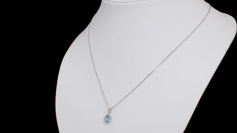 Oval Cut Aquamarine & 0.09ctw Diamond Necklace 14ct White Gold