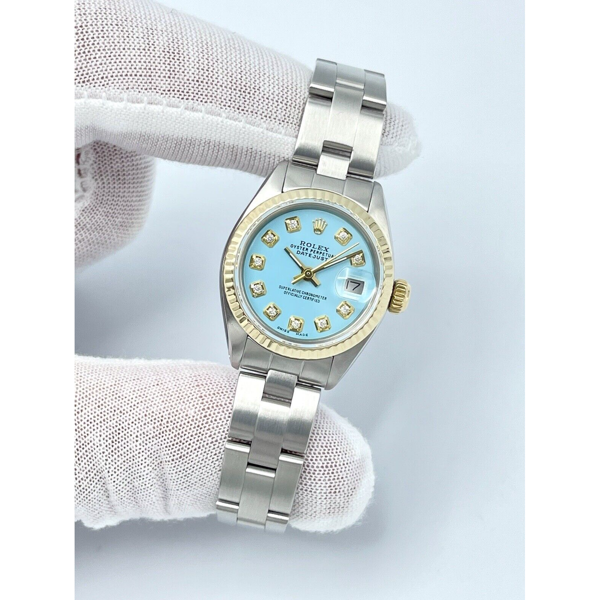 Rolex Datejust Ladies 26mm 6917 Tiffany Blue Diamond Dial Yellow Gold Two Tone