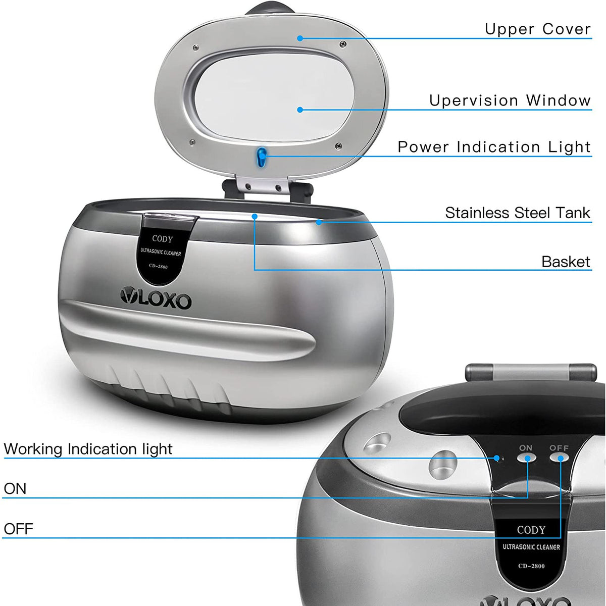 VLOXO CD-2800 Ultrasonic Cleaner Jewellery Cleaner 600ml 50W